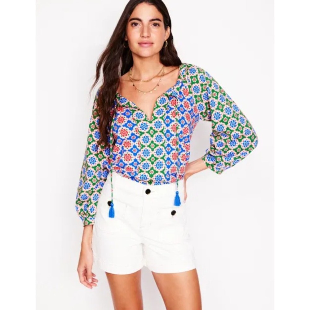 Boden Blouson Raglan Top Green Pink Blue Puff Sleeve Tassel Boho Peasant Size L